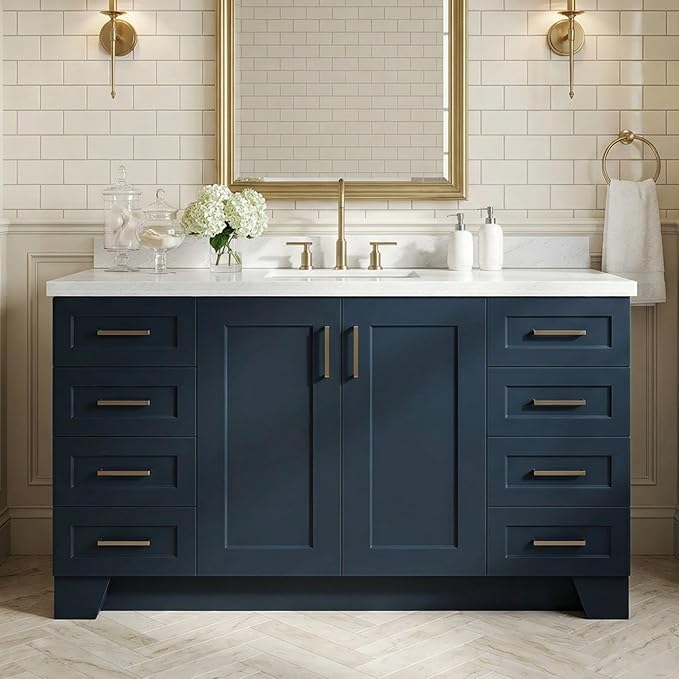 Emilia 60 Inch Bathroom Vanity Single Sink — Midnight Blue Bathroom Vanity with Sink, 1.5" Edge Italian Carrara Marble Countertop, Solid Wood, 2 Soft-Close Doors, 9 Dovetail Drawers