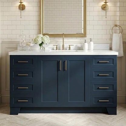Emilia 60 Inch Bathroom Vanity Single Sink — Midnight Blue Bathroom Vanity with Sink, 1.5" Edge Italian Carrara Marble Countertop, Solid Wood, 2 Soft-Close Doors, 9 Dovetail Drawers