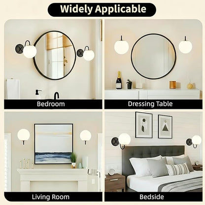 2-Pack Wall Sconce for Bathroom, Vintage Matte Black Vanity Lights, Wall Mount Light Fixtures With Milk Glass Globe Shade, Indoor Wall Lights Fixture for Bedroom Living Room Mirror Hallway(G9 Incl.)