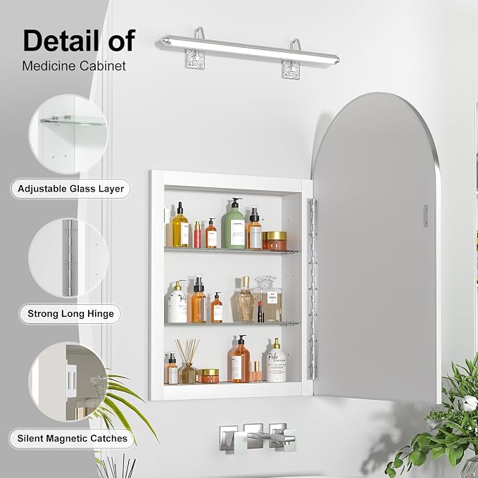 Recessed Medicine Cabinet for Bathroom,Brushed Nickel Arched Medicine Cabinet with Mirror,Arch Mirrored Medicine Cabinets Recessed,Bathroom Mirror with Storage,Open from Left to Right 20x30
