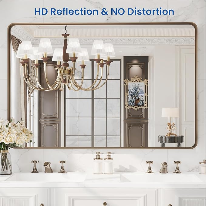 WEER 48X32 Inch Bronze Bathroom Vanity Mirror for Wall | Brushed Bronze Metal Frame Mirror, Rounded Rectangle, Tempered Glass, Anti-Rust, Hangs Horizontally or Vertically