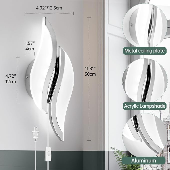 CANEOE Plug in Wall Sconces Set of Two 6000K Chrome Modern LED Wall Light Fixtures Acrylic Wall Sconce Lighting for Living Room Bedroom Bedside Bathroom Hallway Stairway Wall Lamp