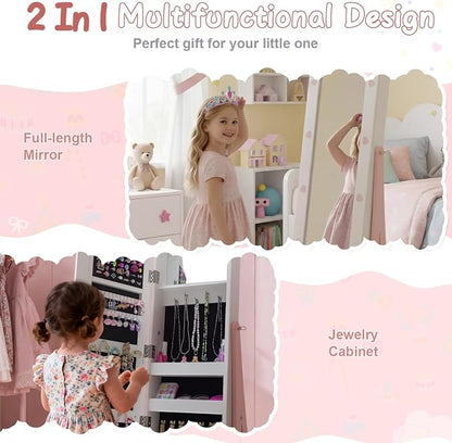 Karl home 45.5" Kids Jewelry Armoire with Mirror, White | Standing Organizer with Removable Drawers, Cute Rabbit-Shaped Dress Up Cabinet for Little Girls