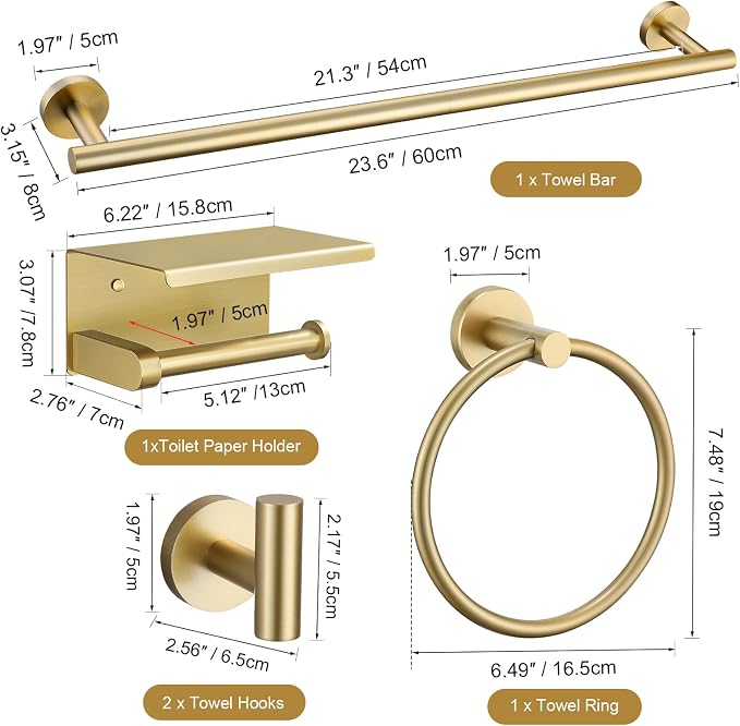TURS Brushed Gold 5-Piece Bathroom Hardware Set Towel Bar Set SUS304 Stainless Steel Towel Racks for Bathroom Wall Mounted, 23.6-Inch