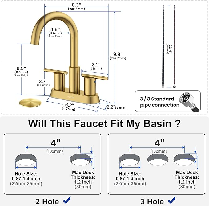 Hurran 4 Inch Bathroom Faucet for Sink 3 Hole, Gold Bathroom Faucet with Pop-up Drain and 2 Supply Hoses,Stainless Steel Lead-Free 2-Handle Centerset Faucet for Sink Vanity RV