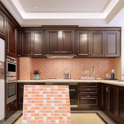 3D Mosaic Tile Sticker Removable Wallpaper Tile Orange, 3D Self Adhesive Wall Tiles Bathroom Wall Tiles for Kitchen Backsplash Orange, PVC Square Decorative Vinyl Decals, 4 Sheets