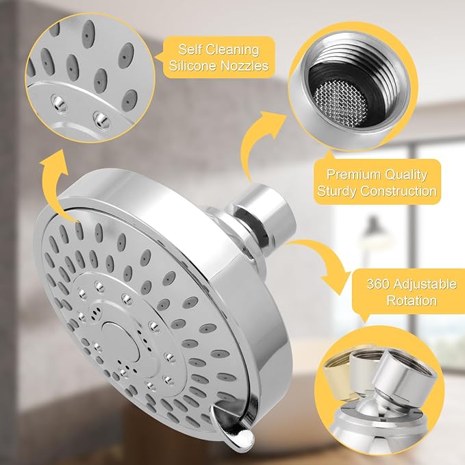AISOSO Shower Head 2PCS,5-Mode High-Pressure Showerhead 4.1",Bright Silver