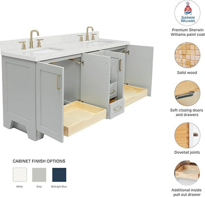 DKB Emilia 72 Inch Bathroom Vanity Double Sink — Grey Bathroom Vanity with Sink, 1.5" Edge Carrara White Quartz Countertop & Backsplash, 4 Soft-Close Doors, and 6 Dovetail Drawers