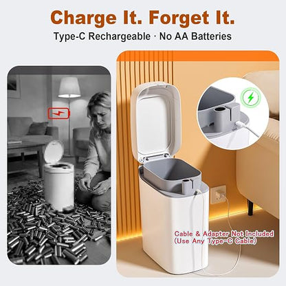 funest Bathroom Trash Can with Lid, Automatic Motion Sensor Trash Can, 3.5 Gallon Garbage Can, Type-C Rechargeable, Bag-Holding Design, One-Pull Auto Packing, Quiet-Close Hinge for Bedroom, Office