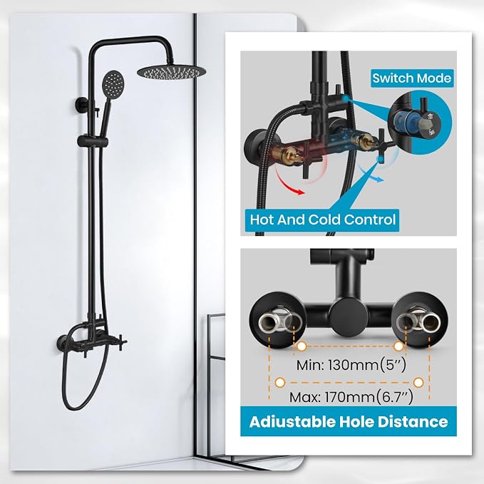 gotonovo Outdoor Shower 304 Stainless Steel, Matte Black, Cross Handle | Rain 8 Inch Outdoor Shower Head with Handheld Kit Fixtures System Faucet Set with Valve Wall Mount for Seaside Backyard Pool