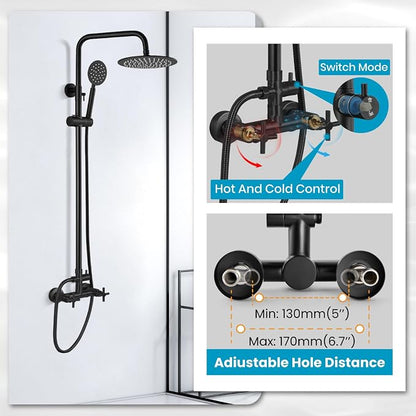gotonovo Outdoor Shower 304 Stainless Steel, Matte Black, Cross Handle | Rain 8 Inch Outdoor Shower Head with Handheld Kit Fixtures System Faucet Set with Valve Wall Mount for Seaside Backyard Pool