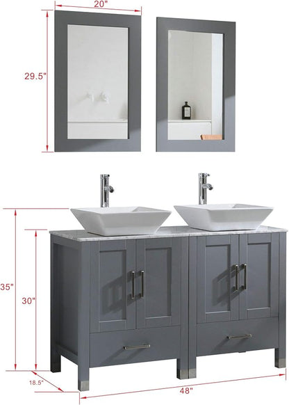 48 inch Double Sink Bathroom Vanity Cabinet Combo Glass、Marble Top Grey Paint Wood w/Faucet, Mirror&Drain Set (Solid Wood + Marble Top)