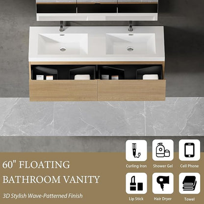 Floating Bathroom Vanity, 60" Wall Mounted Bathroom Cabinet with 2 Glossy White Stone Resin Sinks & U-Shaped Soft-Close Drawers, Pre-Assembled Striped Storage Vanity for Bathroom, Natural Wood