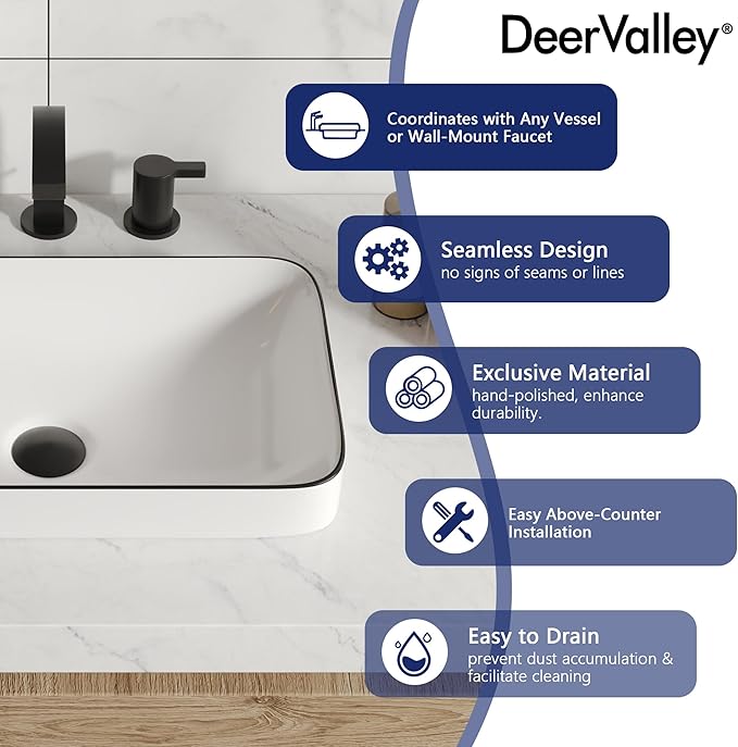 DeerValley 19x12 Inch White Semi Recessed Bathroom Vessel Sink with Black Rim, Ceramic Porcelain Rectangle Above Counter Vanity Sink Basin, DV-1V0235