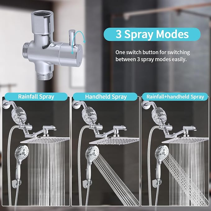 10'' Dual 20 Stage Filtered Shower Head with Handheld, 6 Spray Settings Handheld Shower Head High Pressure Rainfall Filter Combo with 12'' Adjustable Extension Arm, 71'' Shower Hose (Chrome Polished)