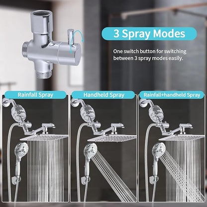 10'' Dual 20 Stage Filtered Shower Head with Handheld, 6 Spray Settings Handheld Shower Head High Pressure Rainfall Filter Combo with 12'' Adjustable Extension Arm, 71'' Shower Hose (Chrome Polished)