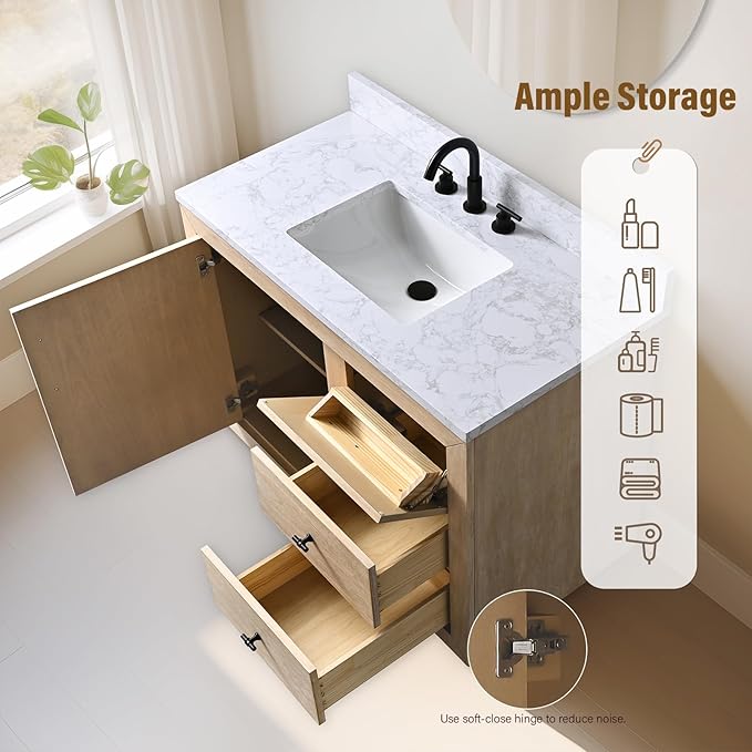 HOMEBEYOND 42 Inch Bathroom Vanity with Single Sink & Ceramic Top, MDF Material Vanity Cabinet with Basin Combo, Soft-Closing Doors, Removable Shelf, Backsplash