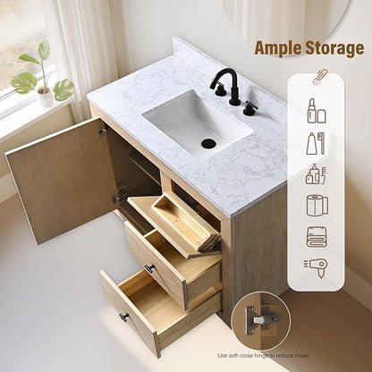 HOMEBEYOND 42 Inch Bathroom Vanity with Single Sink & Ceramic Top, MDF Material Vanity Cabinet with Basin Combo, Soft-Closing Doors, Removable Shelf, Backsplash