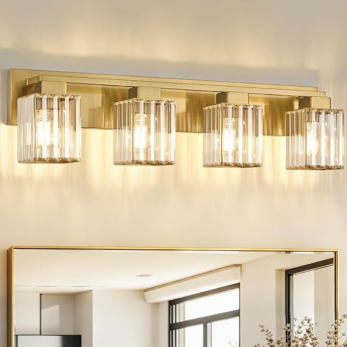29.53" Bathroom Light Fixtures, Brushed Gold Vanity Light Over Mirror | 4-Light Wall Sconces with Square Crystal Shades, E26 Socket, Modern Vanity Lights for Bathroom (Bulbs Not Included)