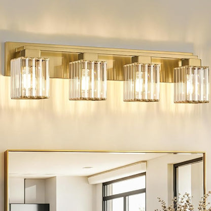 29.53" Bathroom Light Fixtures, Brushed Gold Vanity Light Over Mirror | 4-Light Wall Sconces with Square Crystal Shades, E26 Socket, Modern Vanity Lights for Bathroom (Bulbs Not Included)