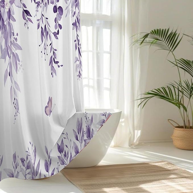 No Hook Shower Curtain and Liner Set, Light Purple Eucalyptus 71x84 | Floral Design, with Snap in Liner, See-Through Top Window, Waterproof, Machine Washable, Quick-Drying, for Hotel Bathroom