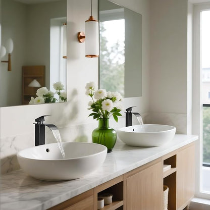 Black Bathroom Faucets, Tall Waterfall Bathroom Sink Faucet Modern Single Handle Bathroom Faucte 1 Hole, Tall Spout Vessel Faucet Mixer Tap Washbasin Faucet with Pop-up Drain, Supply Hoses