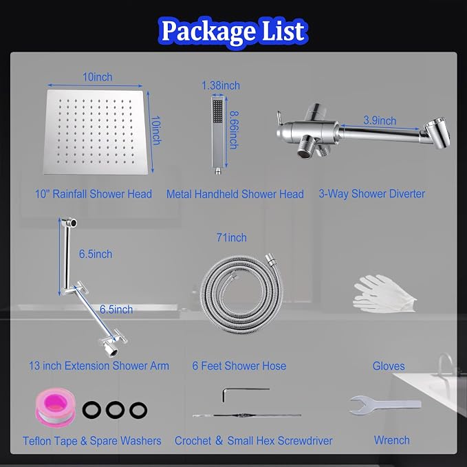 All Metal Rain Shower Head with Handheld Combo, YDmeet 10 Inch Rainfall Shower Head, Stainless Steel Hand Wand, 3 Setting Diverter, Adjustable Extension Arm w/Lock Joints, 71" Extra Long Hose, Chrome
