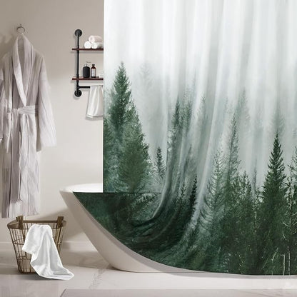 ORTIGIA 84 Inch Long Green Misty Forest Shower Curtain for Bathroom, Nature Woodland Shower Curtain Set with Hooks, Decorative Pine Tree Fog Magic Bath Curtain, Waterproof Fabric, Weighted, 72x84