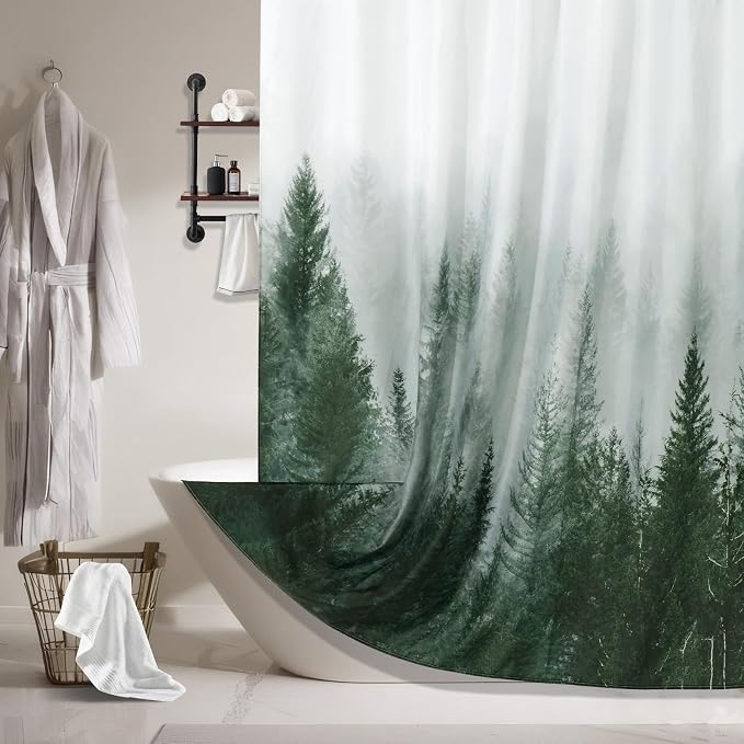 ORTIGIA 78 Inch Green Misty Forest Shower Curtain for Bathroom, Nature Woodland Shower Curtain Set with Hooks, Decorative Pine Tree Fog Magic Bath Curtain, Waterproof Fabric, Weighted, 72x78