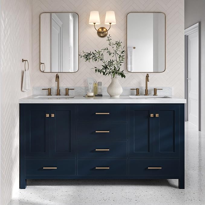 Beckford 66" Midnight Blue Double Bathroom Vanity with Sink, 1.5" Edge Italian Carrara Marble Countertop, 2 Rectangular Undermount Sinks, 4 Soft Closing Doors, 6 Dovetail Drawers, Satin Brass