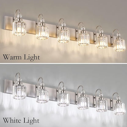 Ralbay Crystal Brushed Nickel Vanity Light for Bathroom 6 Light Modern Bathroom Lighting Fixtures Over Mirror
