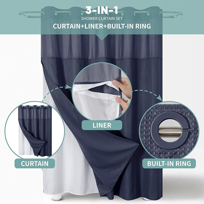 eachope No Hook Waffle Shower Curtain with Snap-in Liner, 71x74 Inch, Navy | 230 GSM waffle weave fabric, waterproof liner set with 2 bottom magnets, mesh top window, washable, for bathroom or hotel use