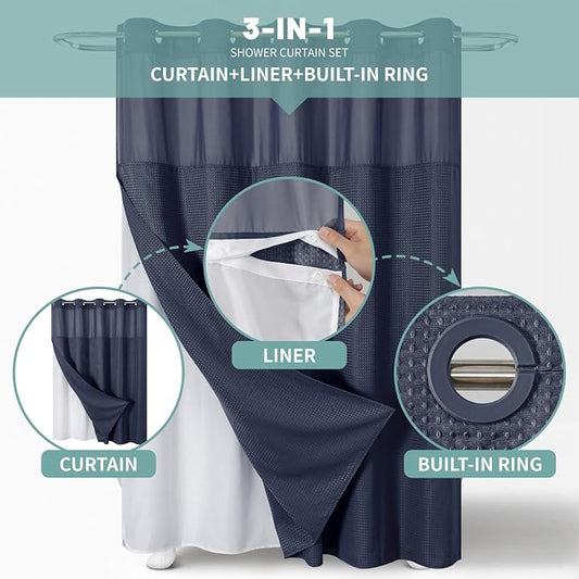 eachope No Hook Waffle Shower Curtain with Snap-in Liner, 71x74 Inch, Navy | 230 GSM waffle weave fabric, waterproof liner set with 2 bottom magnets, mesh top window, washable, for bathroom or hotel use