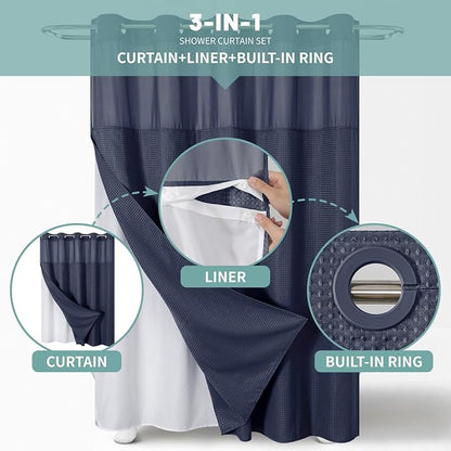 eachope No Hook Waffle Shower Curtain with Snap-in Liner, 71x80 Inch, Navy | 230 GSM waffle weave fabric, waterproof liner set with 2 bottom magnets, mesh top window, washable, for bathroom or hotel use