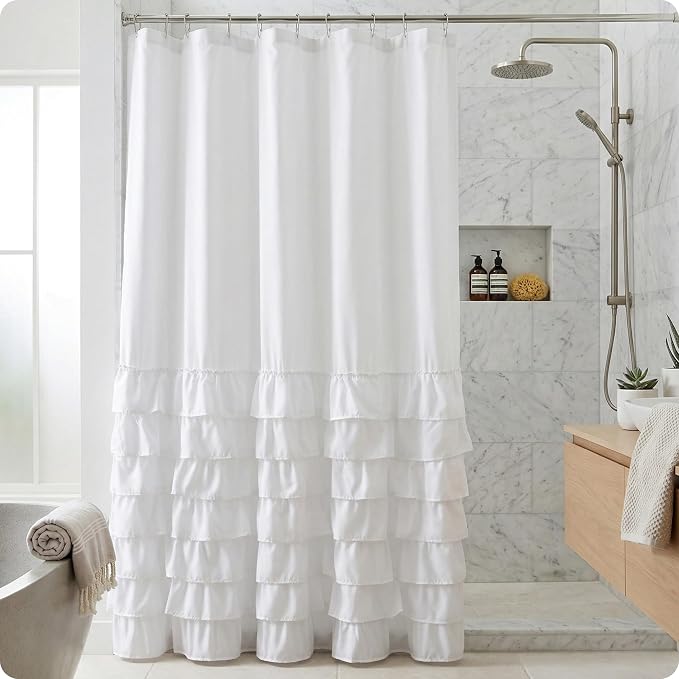 VCNY Home Ruffled Tier Fabric Shower Curtain, Melanie White - 72" x 72" | 100% Polyester | Long Lasting & Easy Clean | Sophisticated Design | Pair with Shower Curtain Liner & Hooks (Not Included)