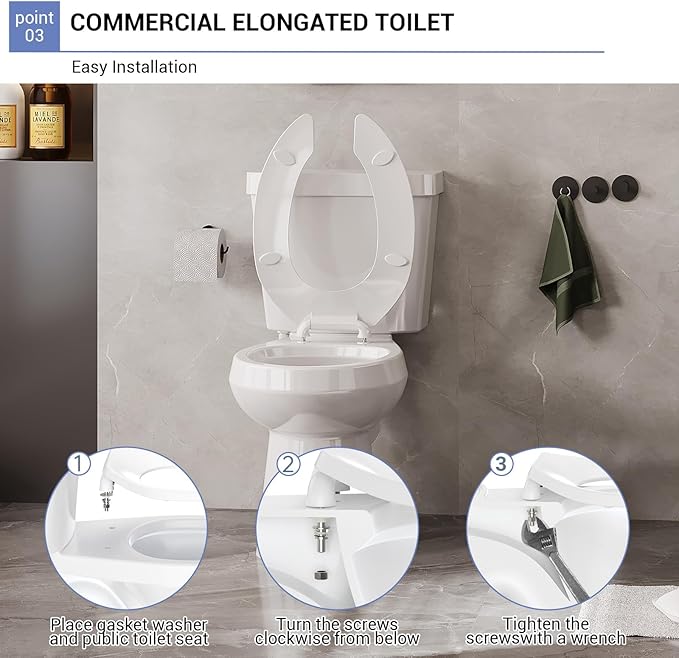 Elongated Open-Front Toilet Seat, Commercial Heavy Duty Seat Without Cover, Never Loosen Design to Reduce Call-Backs, 18.5 Inch White Public Toilet Lid for Office, Church, Hospital