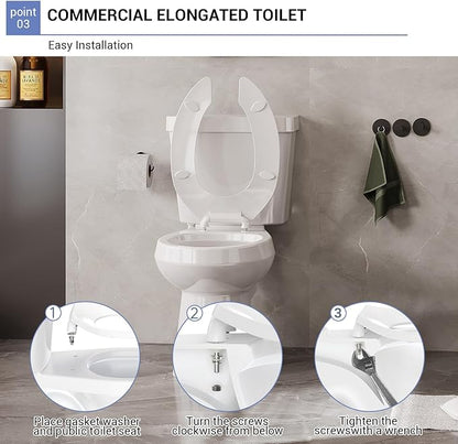 Elongated Open-Front Toilet Seat, Commercial Heavy Duty Seat Without Cover, Never Loosen Design to Reduce Call-Backs, 18.5 Inch White Public Toilet Lid for Office, Church, Hospital