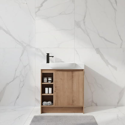 30" Freestanding Bathroom Vanity with Sink, Floor Cabinet, Natural | Integrated Ceramic Sink, Soft-Close Door & 3 Open Storage Shelves, Small Bath Vanity Set, Easy to Clean