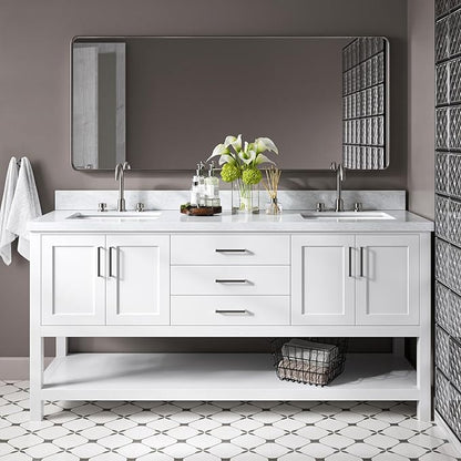 DKB Olivia 72-Inch White Double Bathroom Vanity, 1.5-Inch Edge Italian Carrara Marble Countertop & Splash, Rectangular Sinks, 4 Soft Closing Doors, 3 Dovetail Drawers, Open Shelf, Brushed Nickel