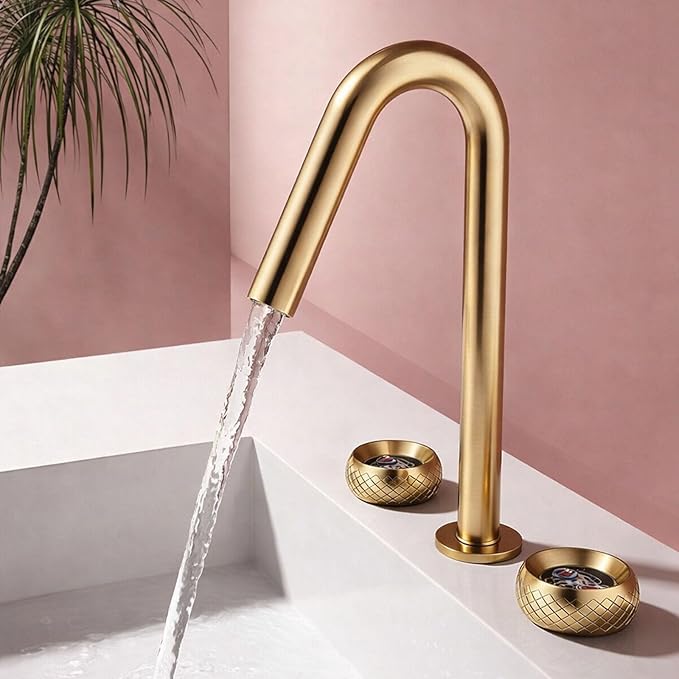 Wide Spread Bathroom Faucets for Sink 3 Hole Dual Mode 2 Knob Restroom Faucet Brass,Brushed Gold