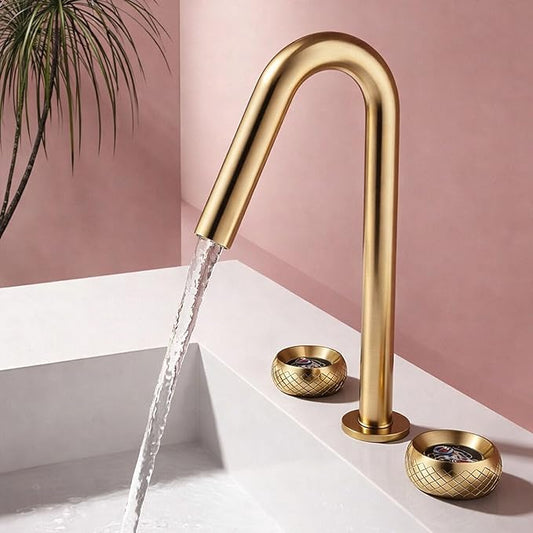 Wide Spread Bathroom Faucets for Sink 3 Hole Dual Mode 2 Knob Restroom Faucet Brass,Brushed Gold