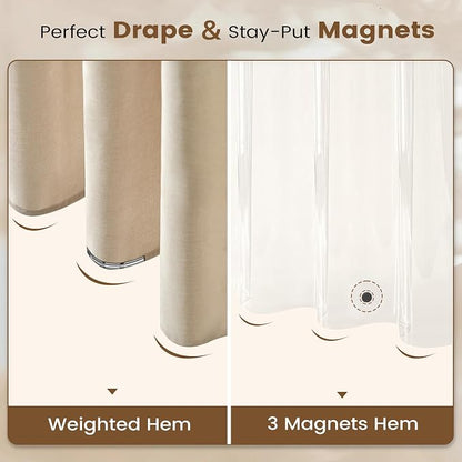 BTTN 72x96 Long 3 in 1 Linen Texture Shower Curtain with Liner, Cream/Beige | Extra Long, 230GSM Heavy Duty Polyester, Waterproof Clear Liner, Weighted Hem, 12 Plastic Hook, Hotel Style, Machine Washable