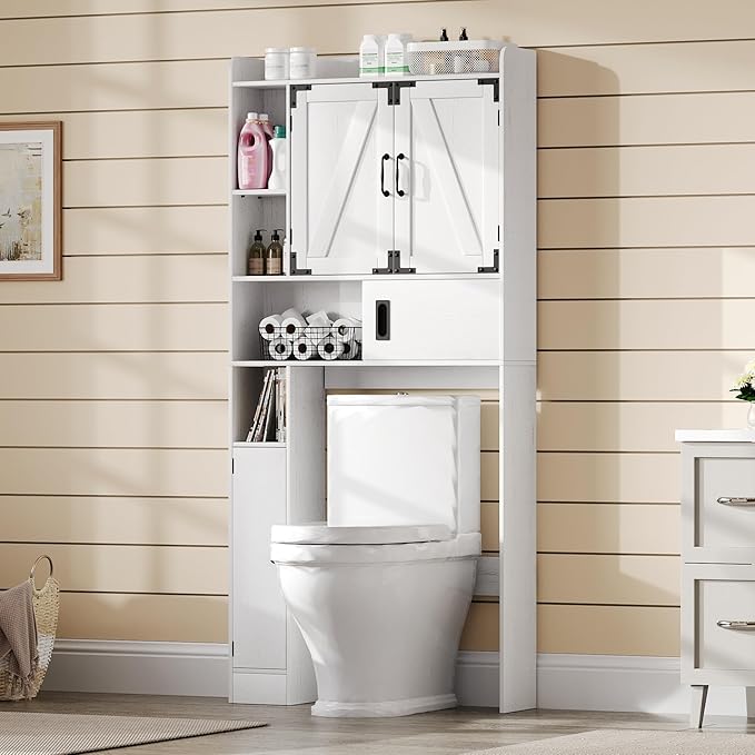 ChooChoo Over The Toilet Storage Cabinet, Farmhouse Bathroom Shelf Over Toilet with Adjustable Shelves, Above Toilet Storage Cabinet with Sliding Door for Bathroom, Laundry Room, Antique White