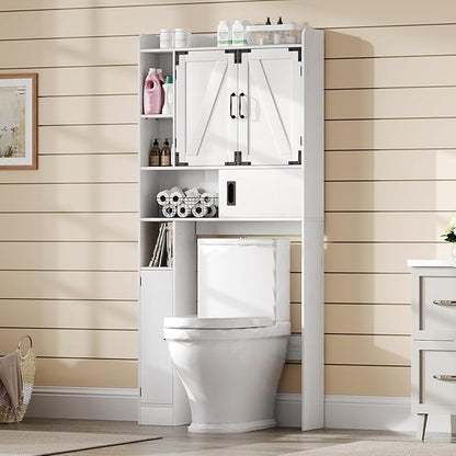 ChooChoo Over The Toilet Storage Cabinet, Farmhouse Bathroom Shelf Over Toilet with Adjustable Shelves, Above Toilet Storage Cabinet with Sliding Door for Bathroom, Laundry Room, Antique White