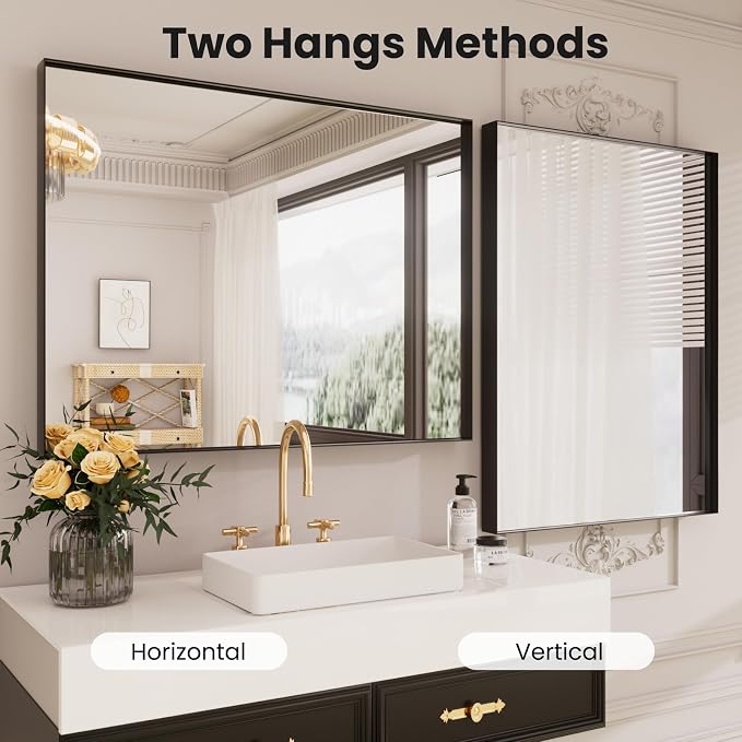 LOAAO Black Bathroom Mirror 30"X36" | Tempered Glass, Hangs Vertically or Horizontally, Easy to Install, Modern Design