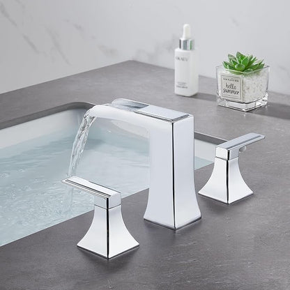 Chrome Waterfall Bathroom Faucet, Sanliv 2-Handle Widespread Bathroom Faucet for 3-Hole Sinks 4-8 inch, Modern 3 Piece Vanity Faucet with Pop-Up Drain Chrome