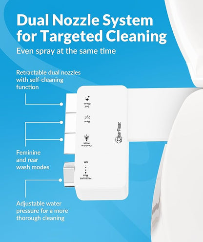 CLEAR REAR Bidet Attachment for Toilet Seat - Non-Electric with Self Cleaning Dual Nozzles, Leak Proof Connectors, Adjustable Water Spray, Rear & Feminine Wash - Hygienic Bathroom Upgrades