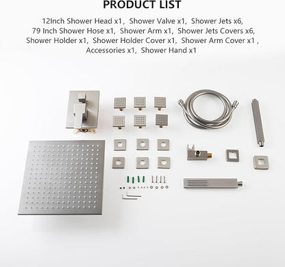 SKOWLL Brushed Nickel Shower Faucet Set Ceiling Mount 12 Inch LED Rainfall Shower Head with Body Jet Complete, Bathroom Shower System with Handheld, Pressured Balance Rough-in Valve
