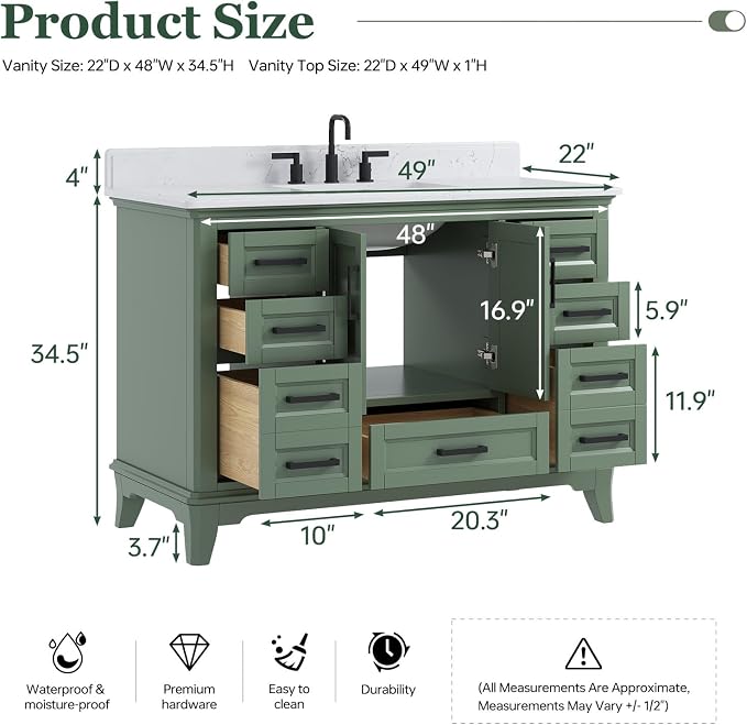 48 Inch Fully Assembled Bathroom Vanity with Sink, Sage Green | Modern Solid Wood Freestanding Vanity for Bathroom, Quartz Top & Backsplash, Soft-Close Doors, Dovetail Drawers, Bath Upgrade