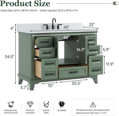 48 Inch Fully Assembled Bathroom Vanity with Sink, Sage Green | Modern Solid Wood Freestanding Vanity for Bathroom, Quartz Top & Backsplash, Soft-Close Doors, Dovetail Drawers, Bath Upgrade